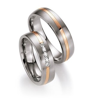 Trouwringen in titanium en roodgoud met diamant(en) per paar 