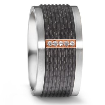 Trouwringen in Carbon, Titanium en 18 karaat roodgoud met diamant(en) per paar