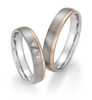 Trouwringen in Titanium en roodgoud met diamant(en) per paar 