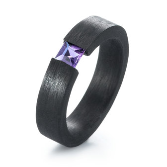 Solitair ring Carbon 5 mm. met amethyst edelsteen per stuk