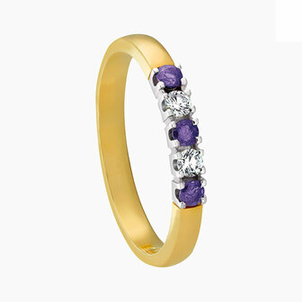 Damesring solitair in 14 karaat geelgoud met diamanten en amethyst edelstenen