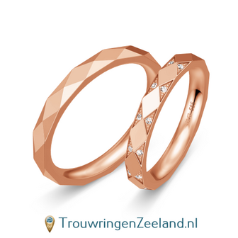 Trouwringen in 8/14/18 karaat ros&eacute;goud met diamanten per paar vanaf 