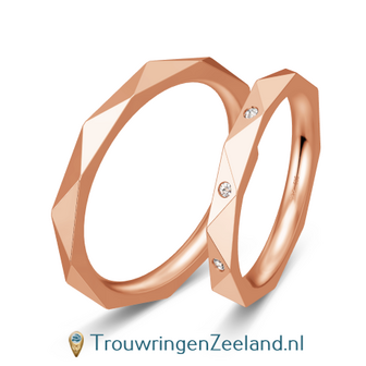 Trouwringen in 8/14/18 karaat ros&eacute;goud met diamanten per paar vanaf 