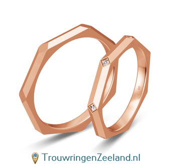 Trouwringen in 8/14/18 karaat ros&eacute;goud met diamanten per paar vanaf 