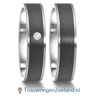 Trouwringen in Carbon met edelstaal en diamant(en) per paar