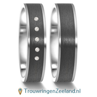 Trouwringen in Carbon met edelstaal en diamant(en) per paar