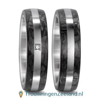 Trouwringen in Carbon met edelstaal en diamant(en) per paar