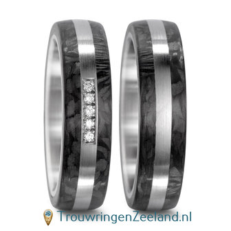 Trouwringen in Carbon met edelstaal en diamant(en) per paar