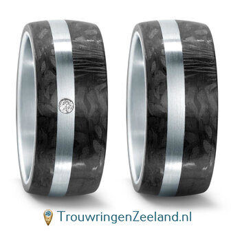 Trouwringen in Carbon met edelstaal en diamant(en) per paar