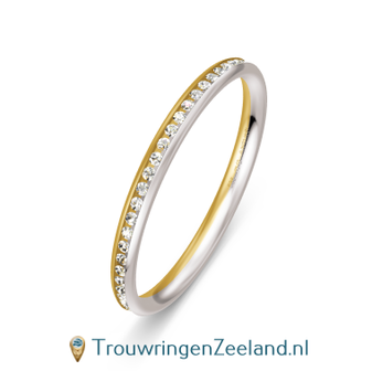 Trouwring aanschuifring in 14 karaat witgoud met geelgoud en 27 diamanten zetting halve ring 