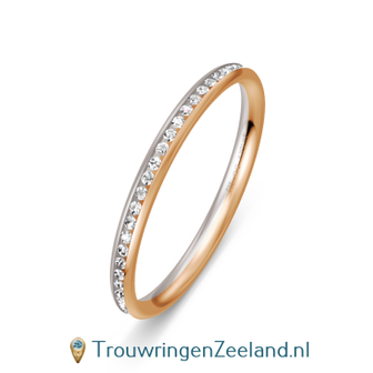 Trouwring aanschuifring in 14 karaat witgoud met ros&eacute;goud en 27 diamanten zetting halve ring 