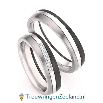 Trouwringen in Zirkonium met titanium en en karaat witgoud paar - de-trouwringenspecialist