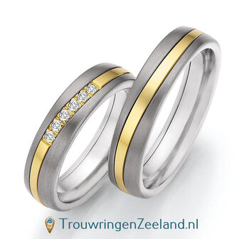 Trouwringen in Titanium en geelgoud met diamant(en) per paar 