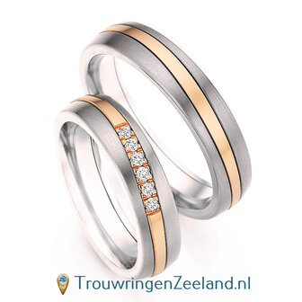 Trouwringen in Titanium en ros&eacute;goud met diamant(en) per paar 