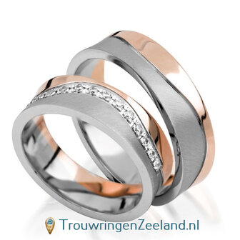 Trouwringen in 9*/14/18 karaat bicolour goud mat en glans met in de damesring 15 diamanten meegolvend per paar