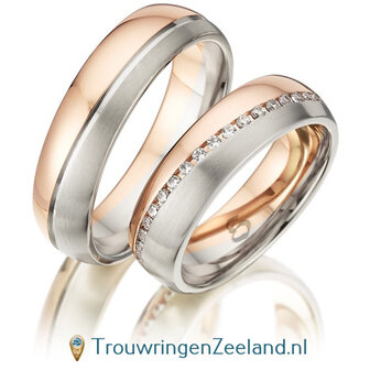 Trouwringen in 9*/14/18 karaat bicolour ros&eacute;goud mat en witgoud glans golvend met in de damesring 47 diamanten meelopend in de golf geheel rondom per paar