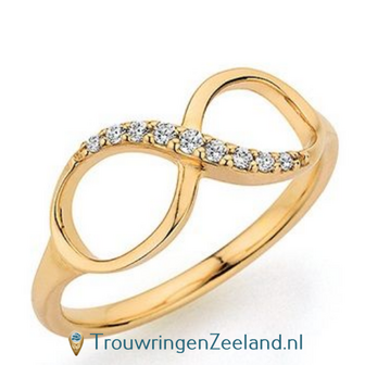 Damesring fantasie 14 karaat abrikoos goud glans met 9 diamanten in een oneindig infinity vorm