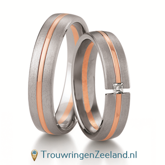 Trouwringen in 8*/14/18 karaat bicolour witgoud met ros&eacute;goud met in de damesring 1 diamant per paar