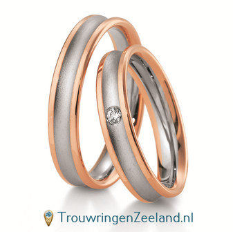 Trouwringen in 8*/14/18 karaat bicolour witgoud met ros&eacute;goud met in de damesring 1 diamant per paar