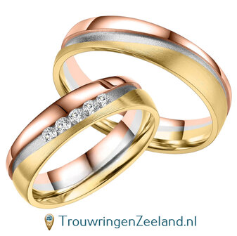 Trouwringen in 8*/14/18 karaat Tricolour goud met in de damesring 5 diamanten per paar