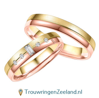 Trouwringen in 8*/14/18 karaat bicolour goud met in de damesring 5 diamanten per paar