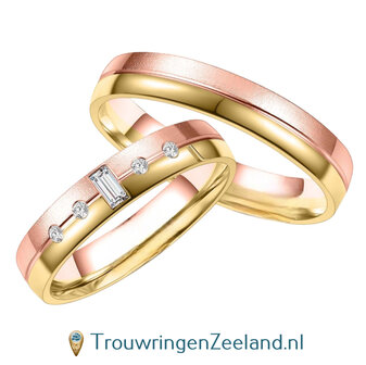 Trouwringen in 8*/14/18 karaat bicolour goud met in de damesring 5 diamanten per paar