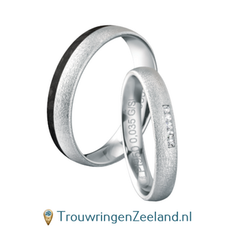 Trouwringen in platina 600/950 met carbon en 5 diamanten in de damesring 