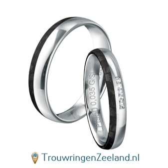 Trouwringen in platina 600/950 met carbon en 5 diamanten in de damesring 