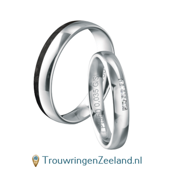 Trouwringen in platina 600/950 met carbon en 5 diamanten in de damesring 