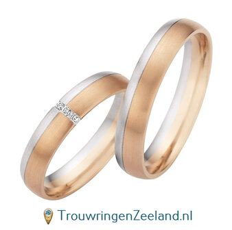 Trouwringen in 14 karaat champagne goud mat en witgoud mat met 3 diamanten overdwars per paar 