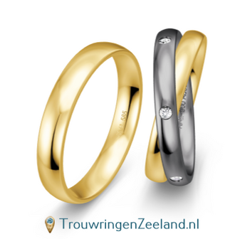 Overslag Trouwringen in zwart tantalium 900 en 8*/14/18 karaat geelgoud glans met in de tantalium ring 6 diamanten en Herenring geelgoud glans