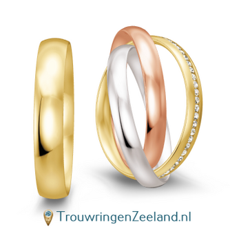 Overslag Trouwringen in 8*/14/18 karaat witgoud/ros&eacute;goud/geelgoud met 58 diamanten en Herenring geelgoud glans