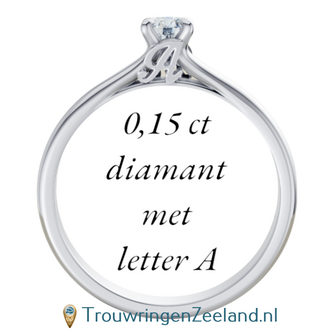 Verlovingsring met 0,15 ct diamant met letter(s) en hartje in 14 of 18 karaat witgoud