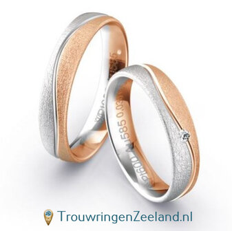 Trouwringen in 9*/14/18 karaat bicolour witgoud ijsmat  en roodgoud ijsmat met 1 diamant per paar