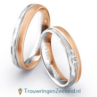Trouwringen in 9*/14/18 karaat bicolour witgoud boomschors en roodgoud mat met 3 diamanten per paar