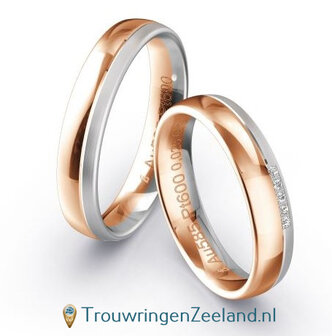 Trouwringen in 9*/14/18 karaat bicolour witgoud mat en roodgoud glans gepolijst met 5 diamanten per paar