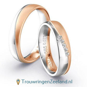 Trouwringen in 9*/14/18 karaat bicolour witgoud glans gepolijst en roodgoud mat met golf en 5 diamanten schuin gezet per paar