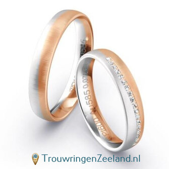 Trouwringen in 9*/14/18 karaat bicolour witgoud mat en roodgoud mat met diagonaal en 18 diamanten schuin gezet per paar