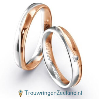 Trouwringen in 9*/14/18 karaat bicolour witgoud glans en roodgoud glans met 3 golven en 1 diamant per paar