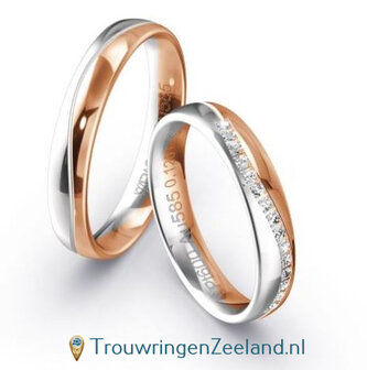 Trouwringen in 9*/14/18 karaat bicolour witgoud glans en roodgoud glans met 3 golven en 15 diamanten per paar