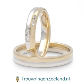 Trouwringen in argentium en 14 karaat geelgoud glans gepolijst met in de damesring 6 diamanten 