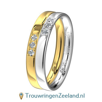 Trouwringen in argentium en 14 karaat geelgoud glans gepolijst met in de damesring 6 diamanten 