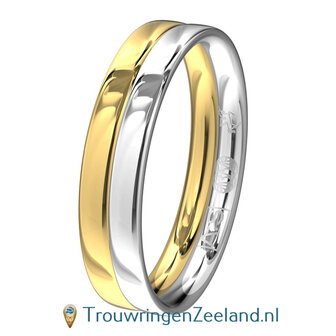 Trouwringen in argentium en 14 karaat geelgoud glans gepolijst met in de damesring 6 diamanten 