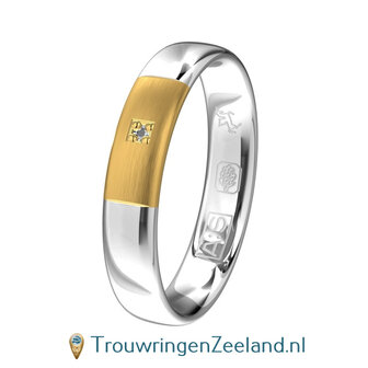 Trouwringen in argentium glans gepolijst en 14 karaat geelgoud mat met in de damesring 1 diamant vierkant gezet