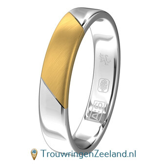 Trouwringen in argentium glans gepolijst en 14 karaat geelgoud mat met in de damesring 3 diamanten schuin gezet
