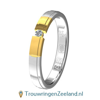 Trouwringen in argentium  en 14 karaat geelgoud glans gepolijst met in de damesring 1 diamant geklemd