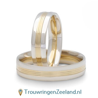 Trouwringen in argentium glans gepolijst en 14 karaat geelgoud geribbelde banen glans gepolijst zonder diamant in de damesring