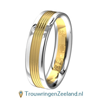 Trouwringen in argentium glans gepolijst en 14 karaat geelgoud geribbelde banen glans gepolijst zonder diamant in de damesring