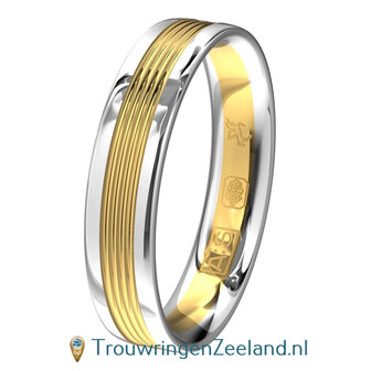 Trouwringen in argentium glans gepolijst en 14 karaat geelgoud geribbelde banen glans gepolijst zonder diamant in de damesring