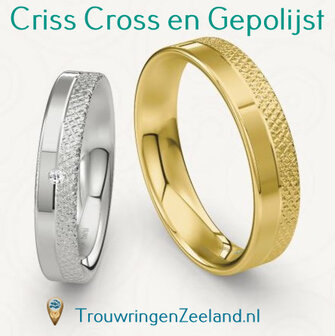 Trouwringen met bewerking criss cross en gepolijst